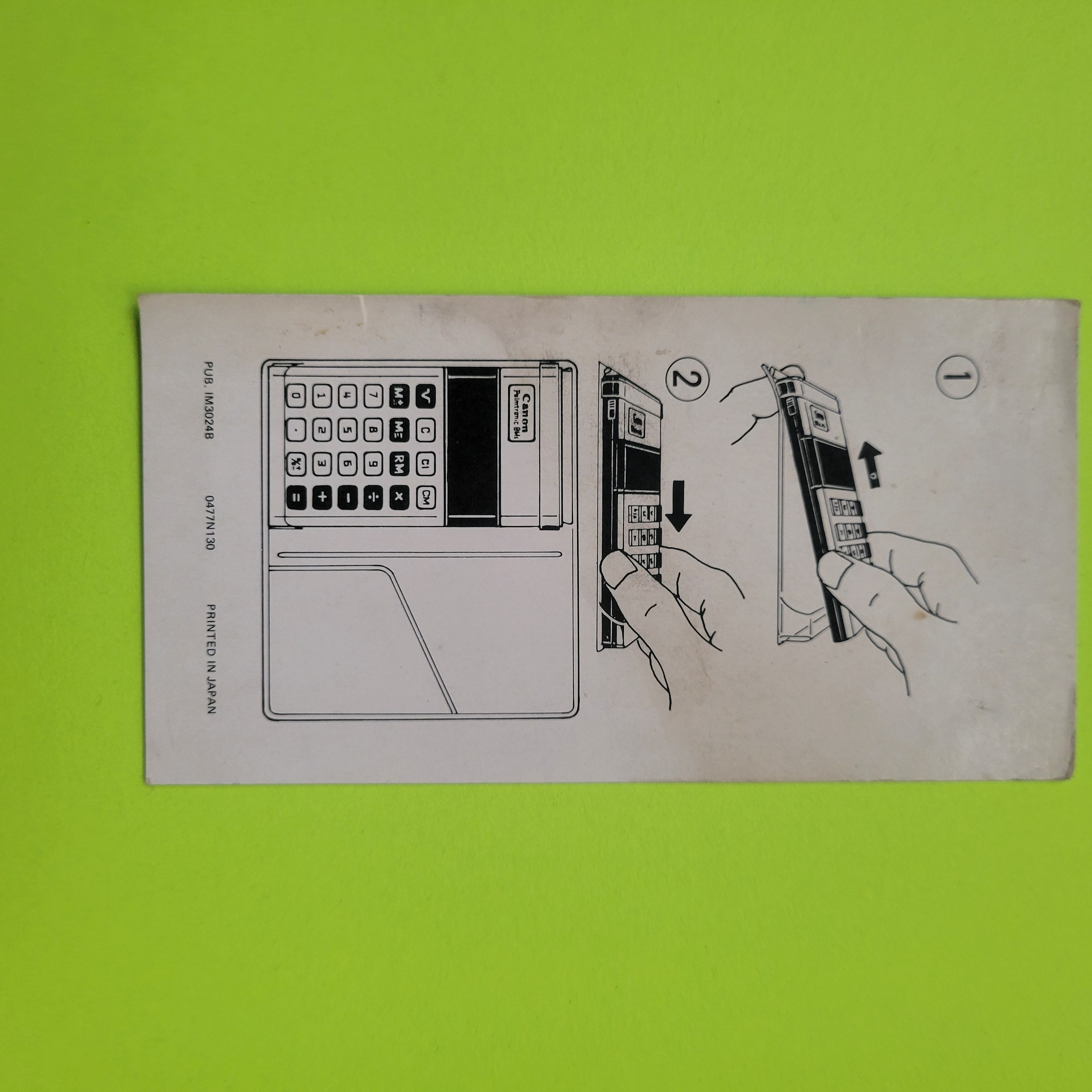 An image of the instructions for a Canon Palmtronic 8Ms four function plus calculator